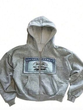 Men's Light Gray Zip Hoodie Jacket with Front Graphic Patch